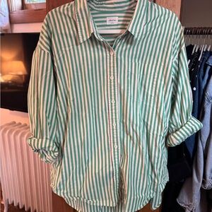 Green and White Striped Button-Up Shirt